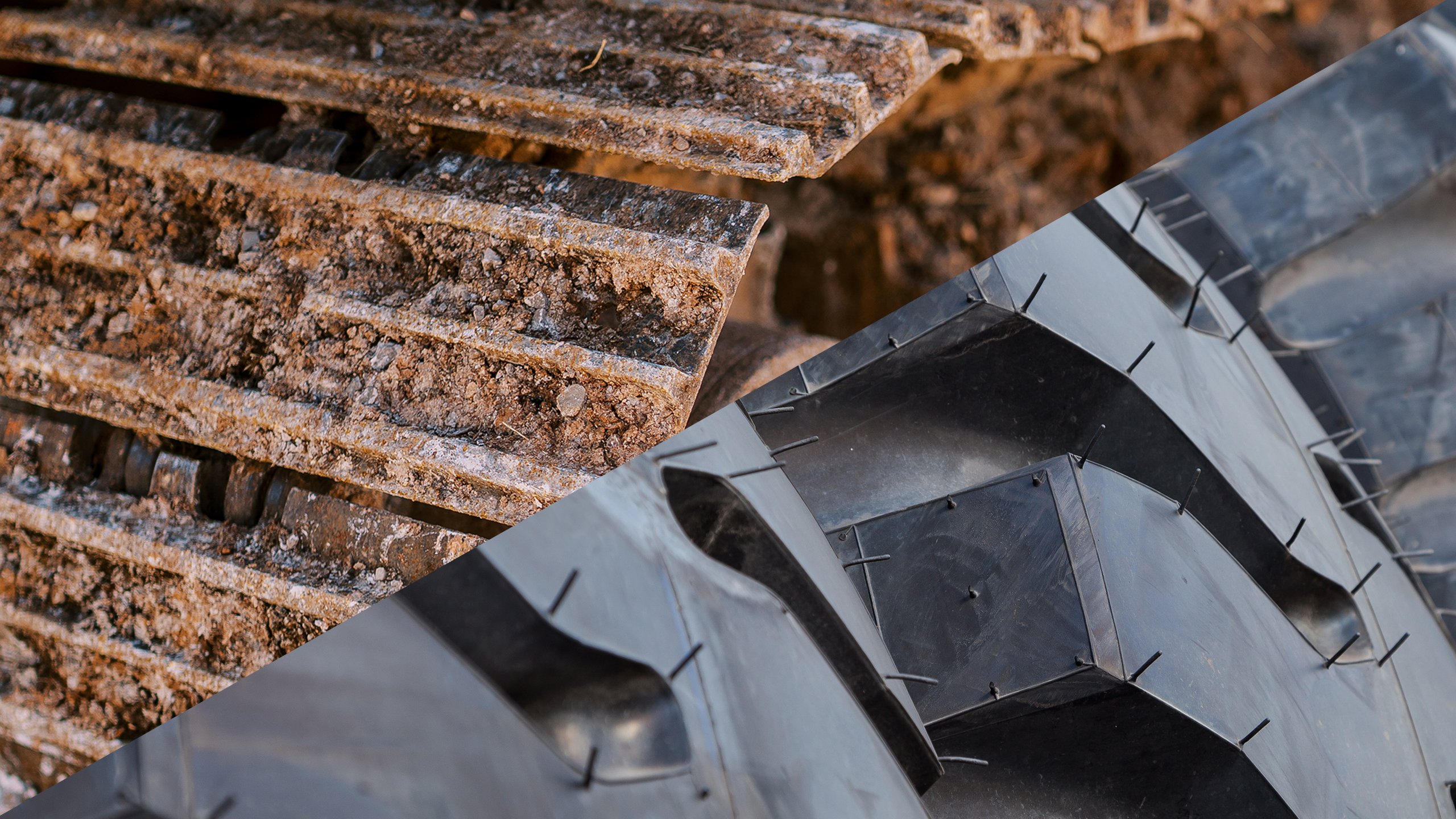 Side-by-side close-up of tracks and tires used on mobile crushing and screening plants.