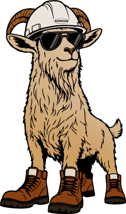 The G.O.A.T., a goat wearing a Superior hard hat, sunglasses and work boots