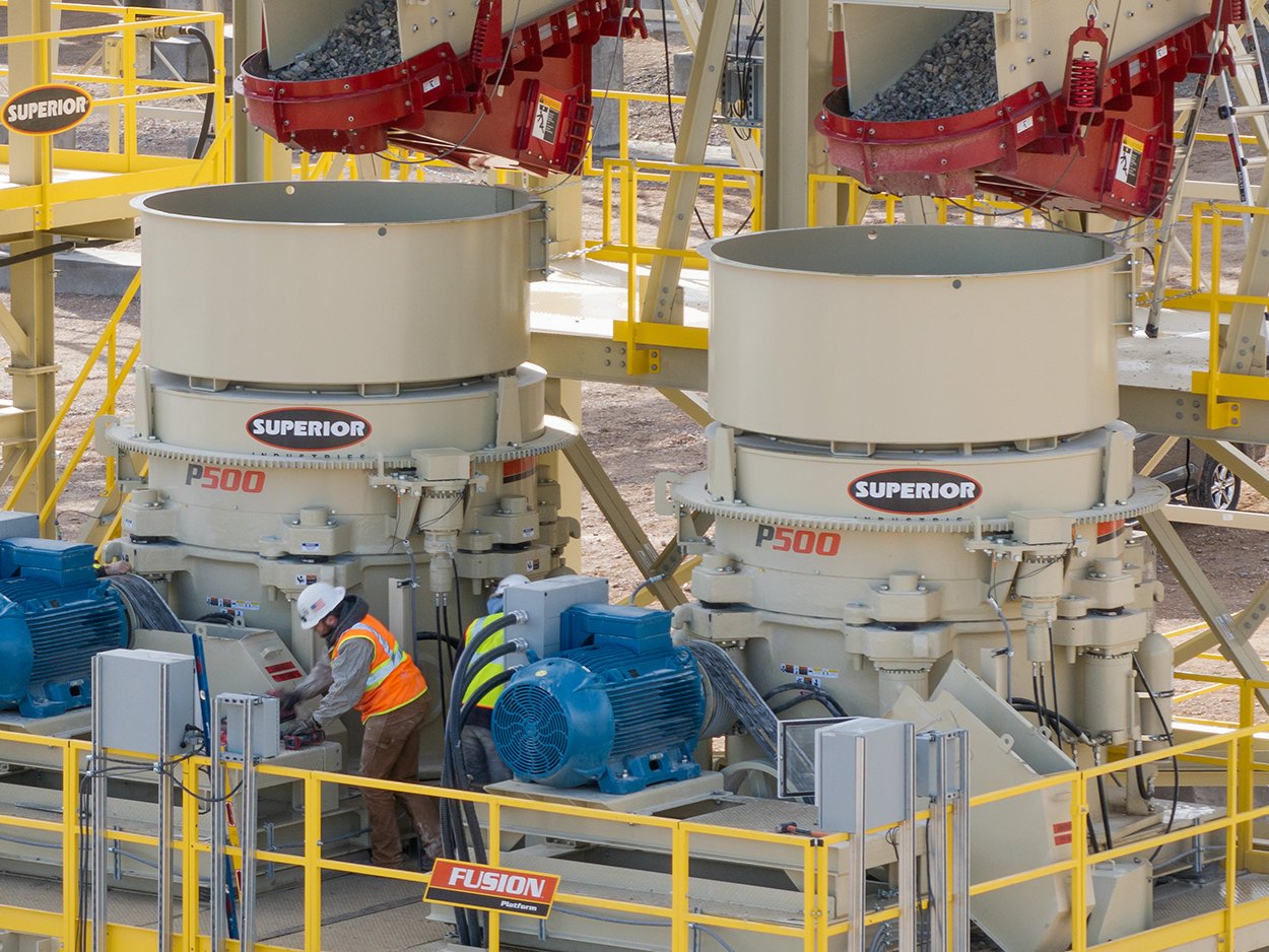 Twin Patriot® P500 Cone Crushers in a stationary aggregate processing plant