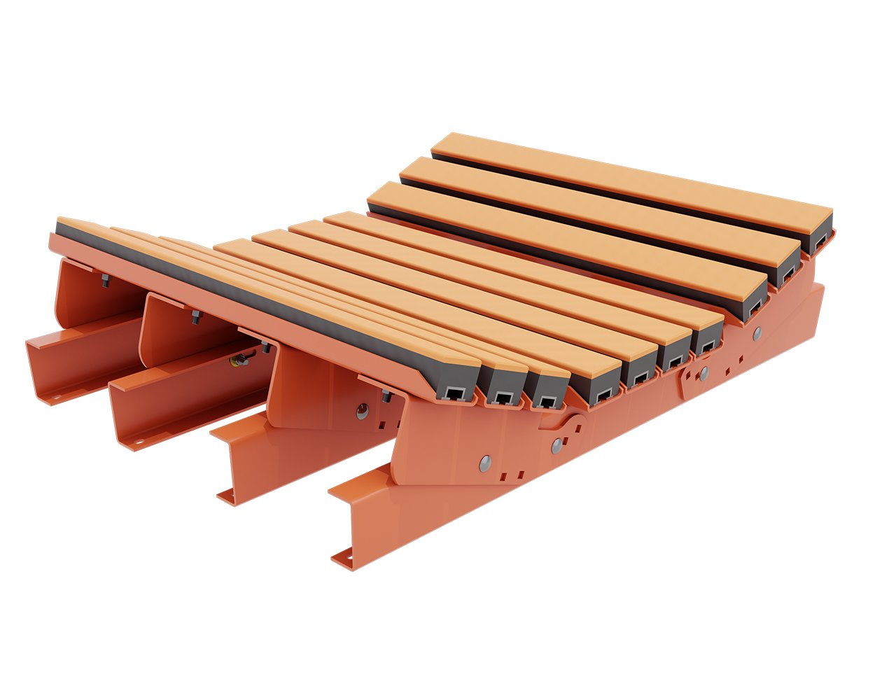 Conveyor impact bed with energy-absorbing bars supporting the belt at a material transfer point