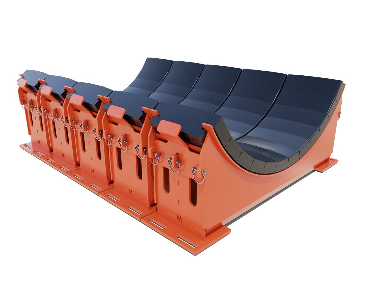 Curved conveyor impact cradle with urethane cartridges supporting the belt at a load zone