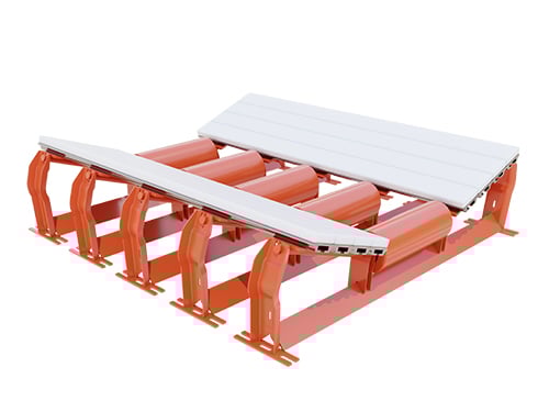 Conveyor load zone slider bed with sealing bars mounted to CEMA idler frames, supporting the belt to prevent sag and maintain a tight seal against skirting 