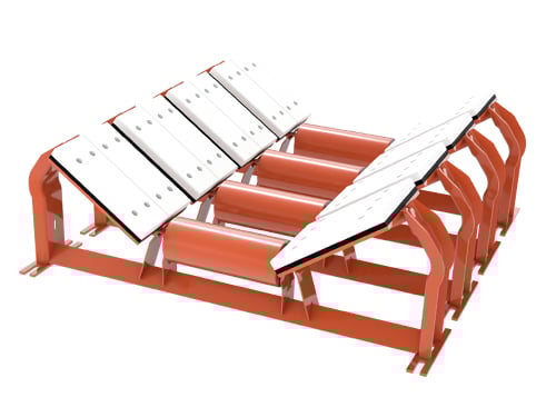 Conveyor sealing system with 10-inch cartridge pads mounted to a CEMA idler frames.