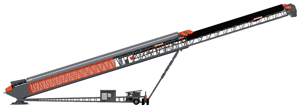 Side view render of a TeleStacker Conveyor in a ship loading configuration