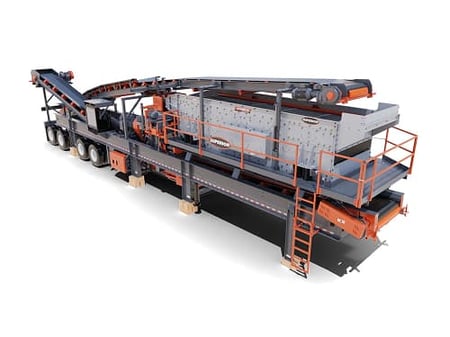 3D model of a portable closed circuit cone crusher and screen setup designed for spec-ready aggregate production