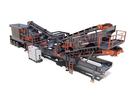 3D render showing a portable closed circuit horizontal shaft impactor plant for asphalt, concrete, and recycle applications