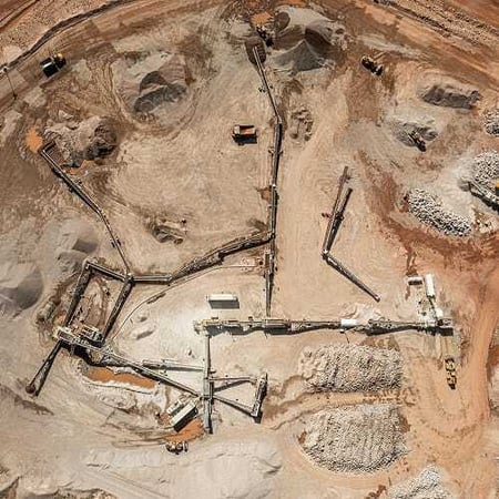 Aerial view of a full Superior Industries portable plant spread—from primary crushing through stockpiling—engineered for smooth material flow and balanced production