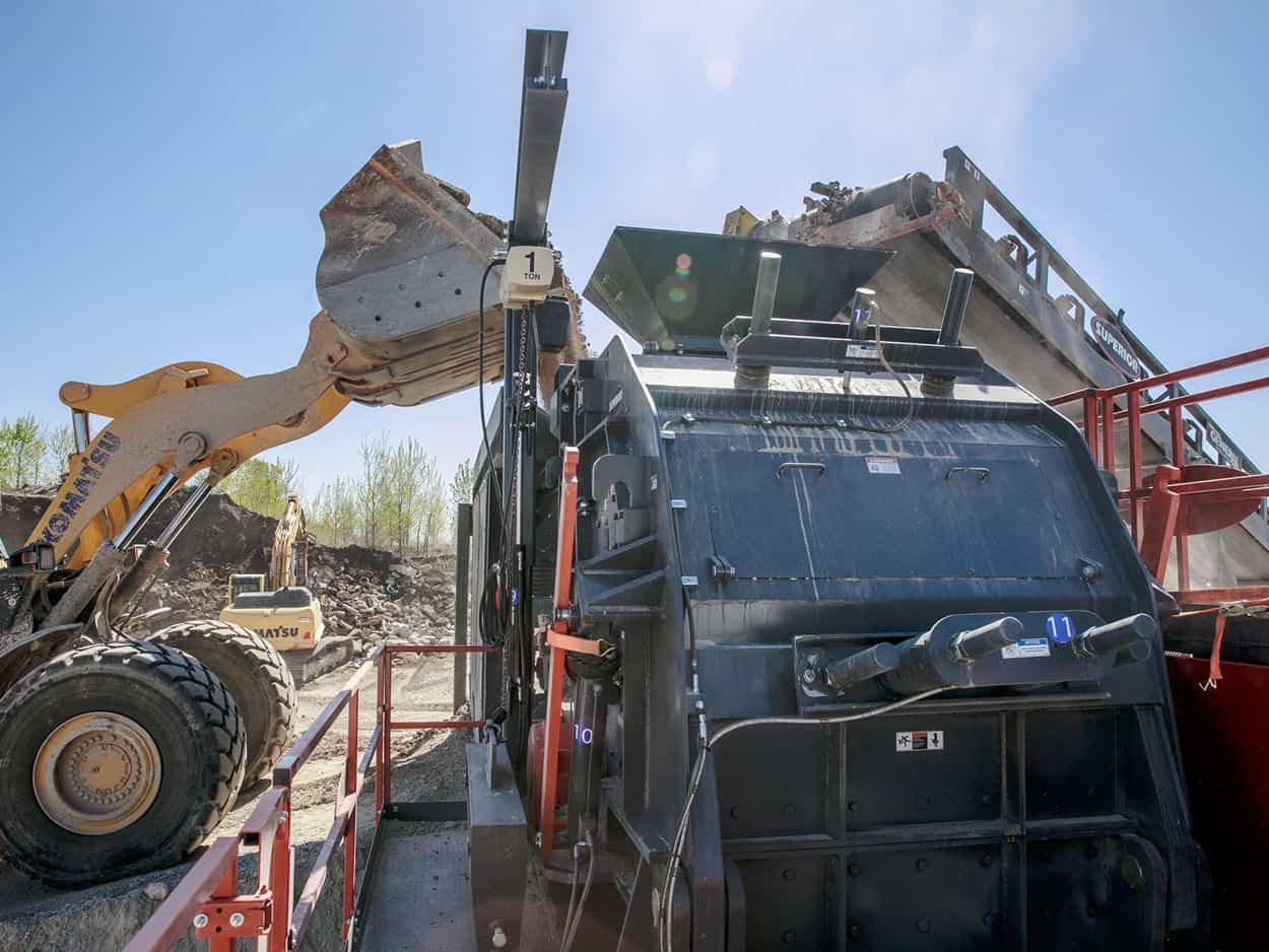Closeup of SR5155 Sentry HSI recycling concrete at Knopik Crushing site in Farmington, Minnesota