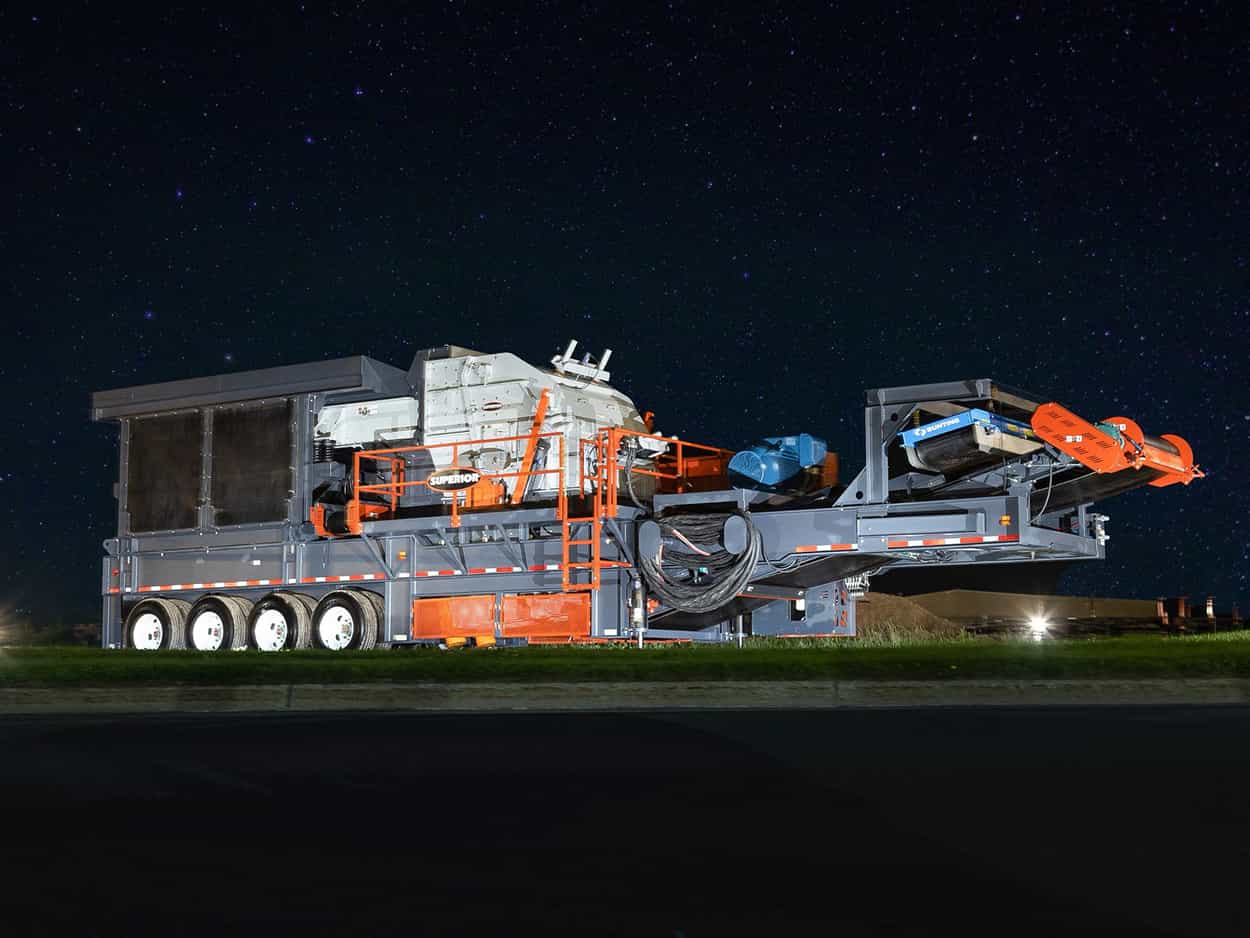 Sentry 5165 Portable HSI plant highlighted at night with full equipment setup