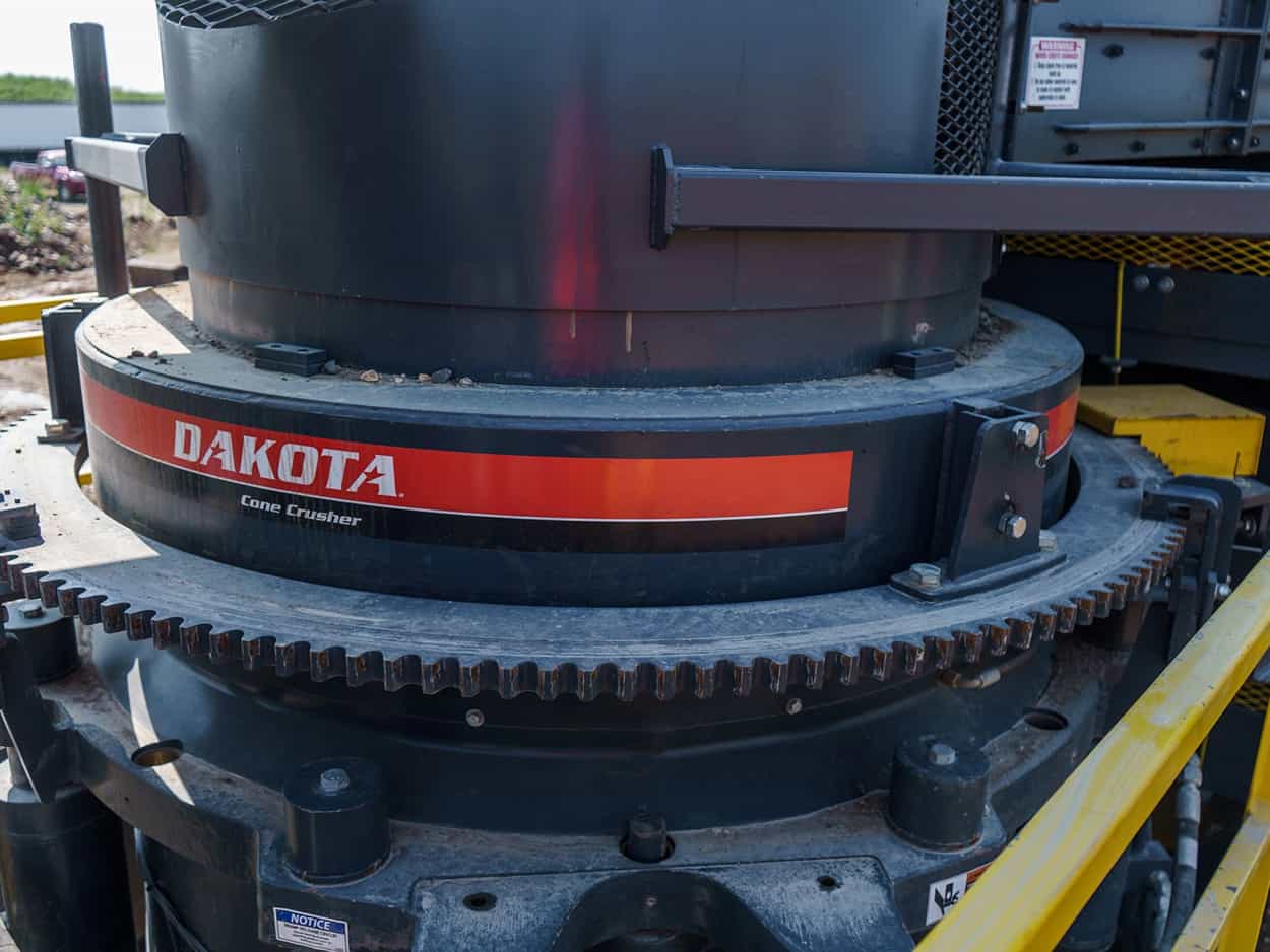 Close-up of Dakota D350 Cone Crusher operating at Rogge Excavating site in Waubay, South Dakota