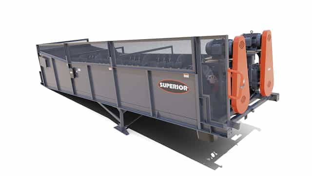 3D rendering of the Superior® Blade Mill washer with dual shafts for high-capacity pre-screen washing, scrubbing, and dewatering of sand and aggregate in wet processing systems.