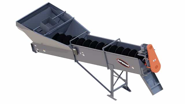 3D rendering of the Superior® Fine Material Screw washer with single-shaft design for sand washing, fine material recovery, and dewatering in aggregate and mining applications.