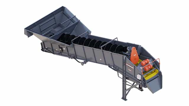 3D rendering of the Superior® Fine Material Screw washer designed for washing, classifying, and dewatering spec-grade sand in aggregate processing applications.