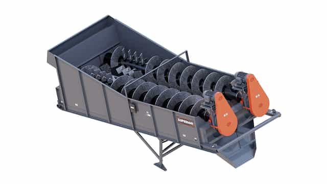 3D rendering of the Superior® Coarse Material Washer with dual shafts for aggregate cleaning and removal of clay, silt, and fine particles in mining and sand production applications.