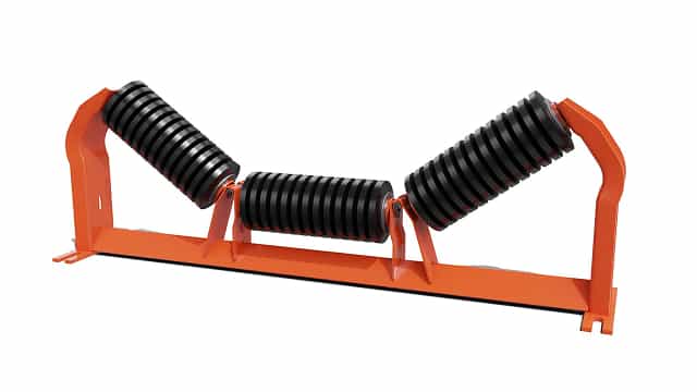 3D rendering of Urathon return idler with urethane discs and sleeves in multiple configurations, designed for extended wear life in abrasive applications.