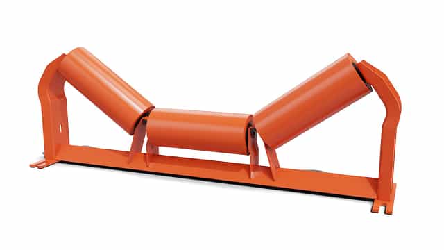 3D rendering of a standard steel troughing idler showing three steel rolls mounted on a frame for bulk material conveying.