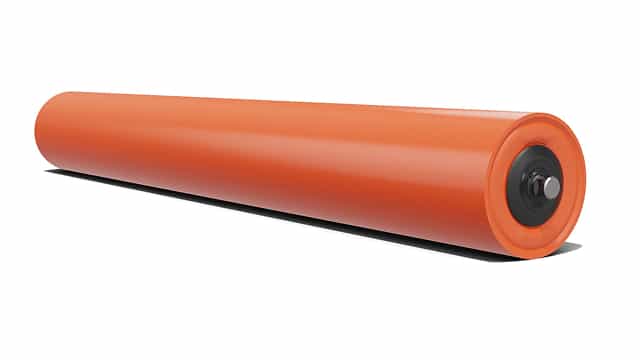 3D rendering of a single steel return idler with a smooth steel roll designed for general-purpose belt support and tracking.