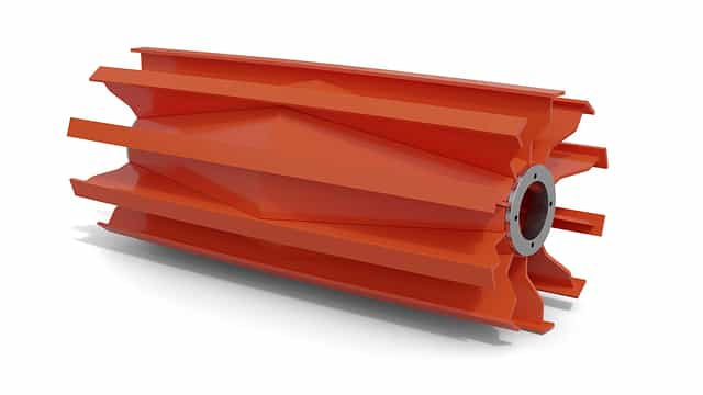 3D rendering of the Superior® Wing Pulley designed for conveyor tail and bend pulley use, with open wings that help remove material from the belt and reduce buildup.