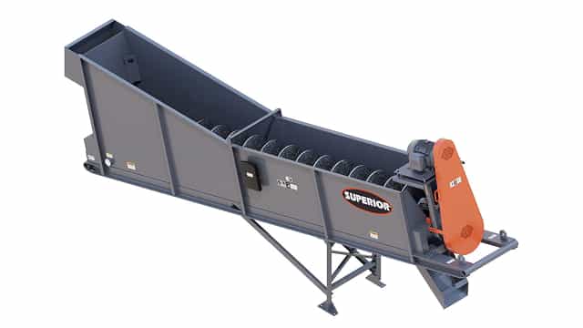 3D rendering of the Superior® Coarse Material Screw washer with single shaft design for removing clay, silt, and dust from aggregate material.