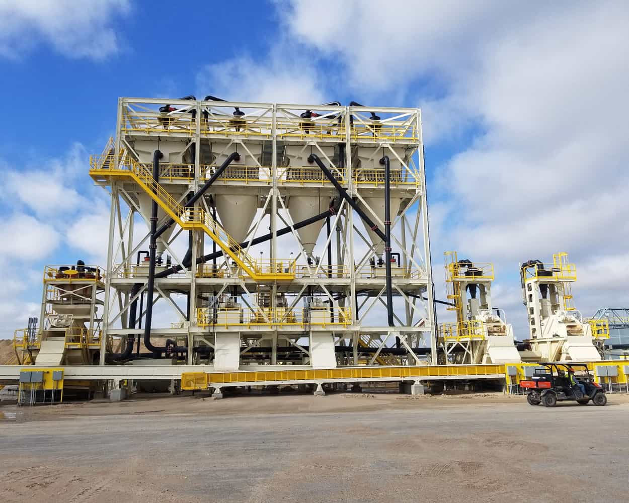 Density Sizers arranged in row on stationary platform for frac sand operation in Texas