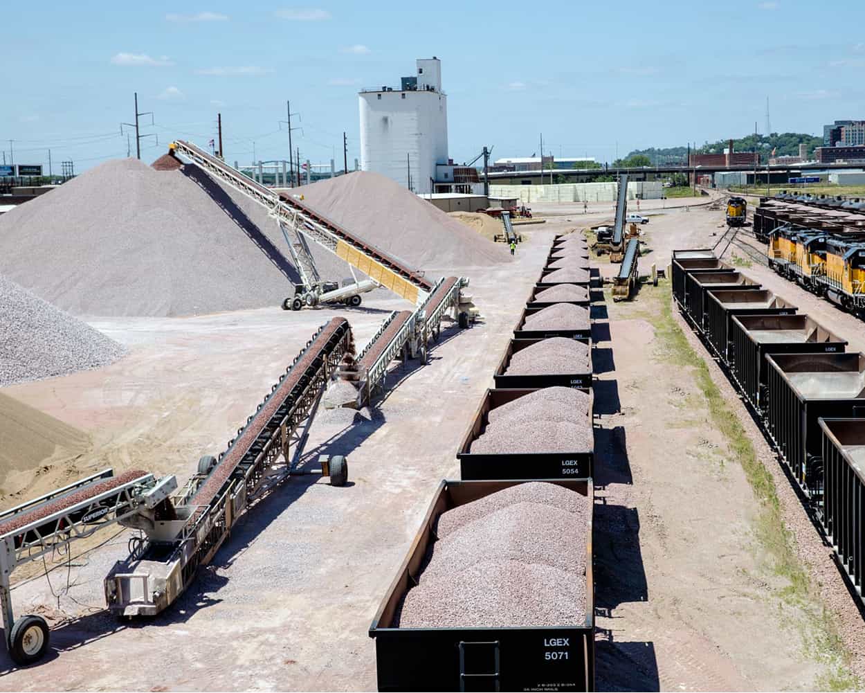 Superior conveyors unloading crushed from railcars at a rail terminal in South Dakota