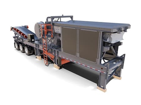 3D render of a portable jaw crusher plant used for primary crushing of quarried stone and recycled aggregates