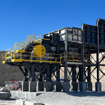 A Fusion modular platform at Nevada Ready Mix featuring a 3055 Liberty Jaw Crusher, installed on elevated steel supports for efficient primary crushing