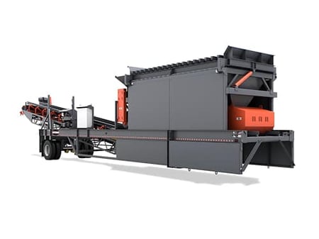 3D model of a portable feed hopper providing consistent material flow to crushers, screens, or wash plants