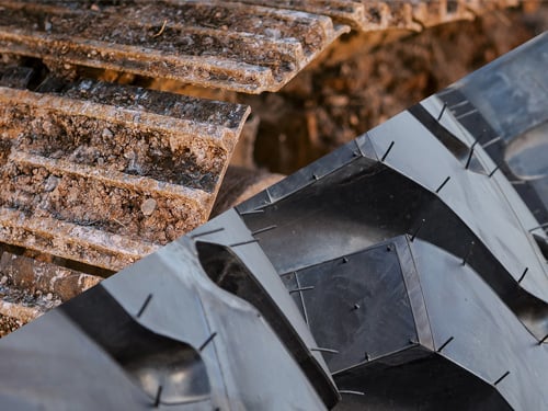 Side-by-side close-up of tracks and tires used on mobile crushing and screening plants.