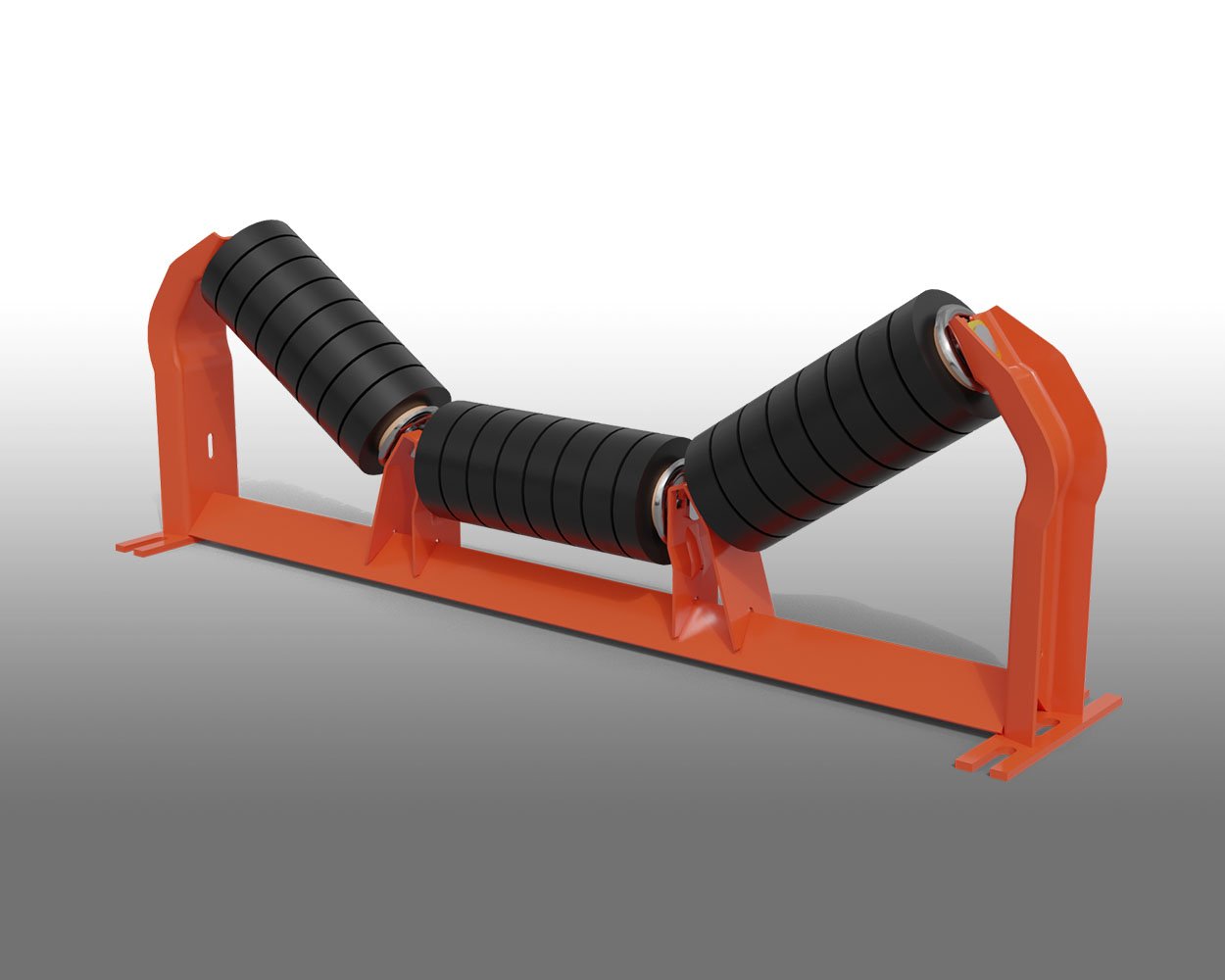3D render of Rubber Impact Idler Roll designed for conveyor loading zone protection