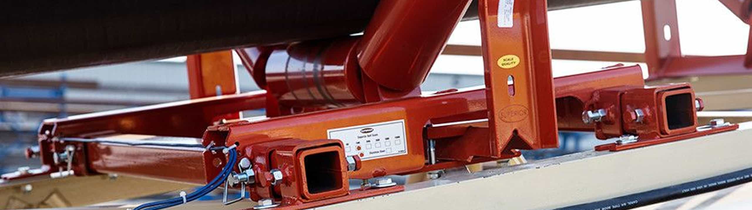 Belt scale installed onto a conveyor with tail to head angle, closeup