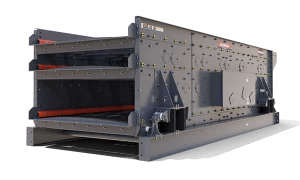 3D rendering of the Guardian® triple-shaft horizontal screen for high-capacity aggregate screening and material separation in mining and quarry applications.