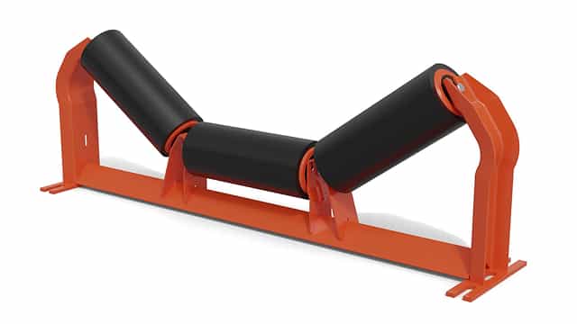 3D rendering of Moxie polymer troughing idler with smooth, nonstick rolls designed for wet or sticky conveying conditions.